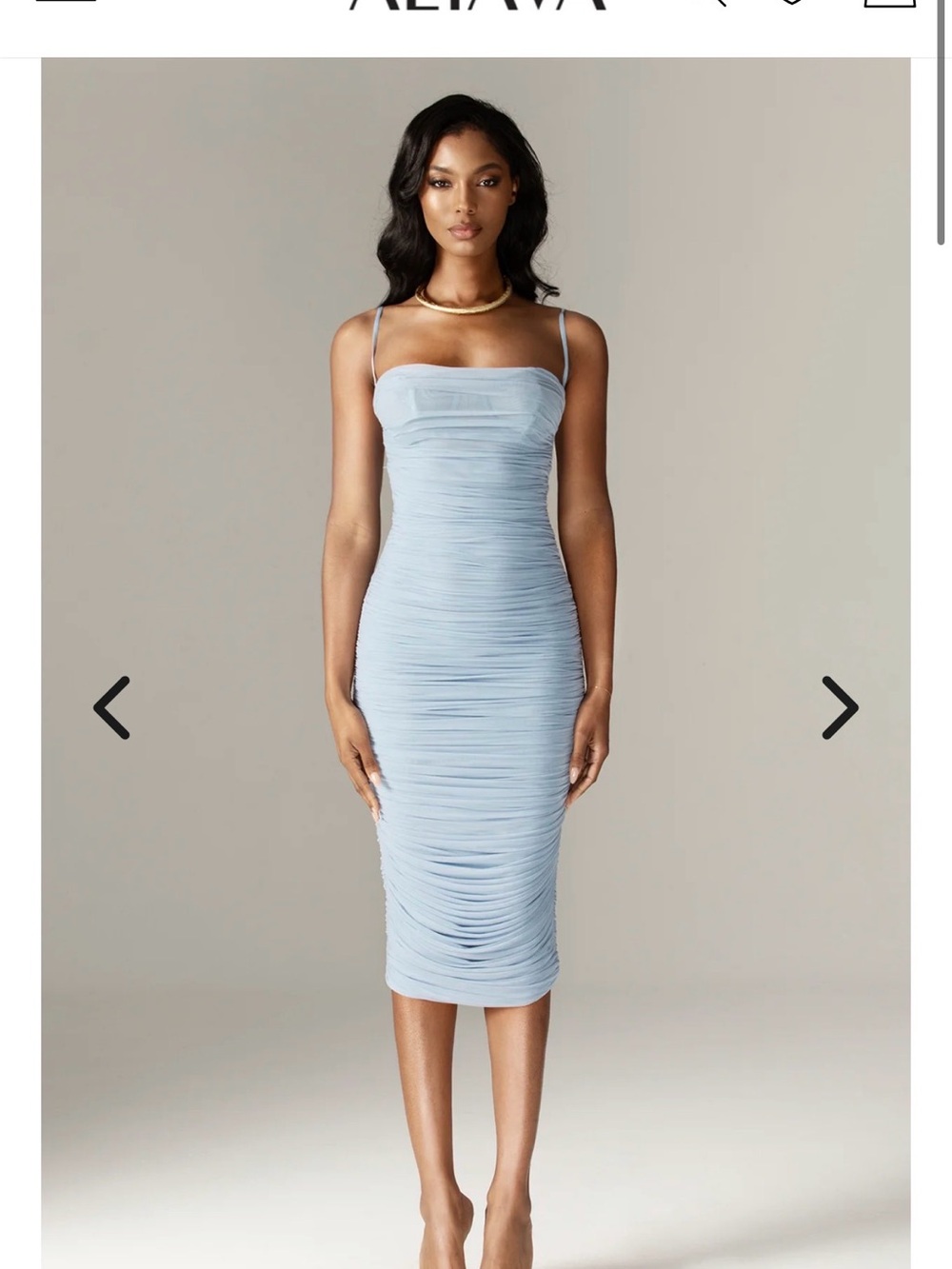 Ruched Light Blue Midi Dress with Spaghetti Straps